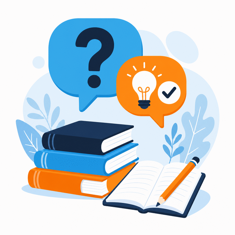 A question mark and a lightbulb in speech bubbles above a stack of books and an open notebook
