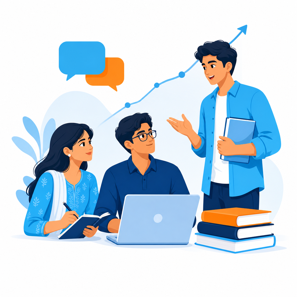 Illustration of civil services aspirants studying together, exchanging answers and tracking their progress